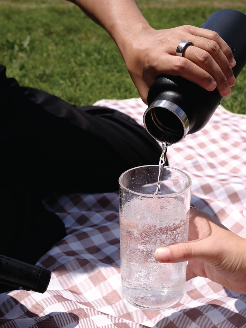A person pours water from a black thermos into a clear glass held by another person, both sitting on a checkered picnic blanket on grass.