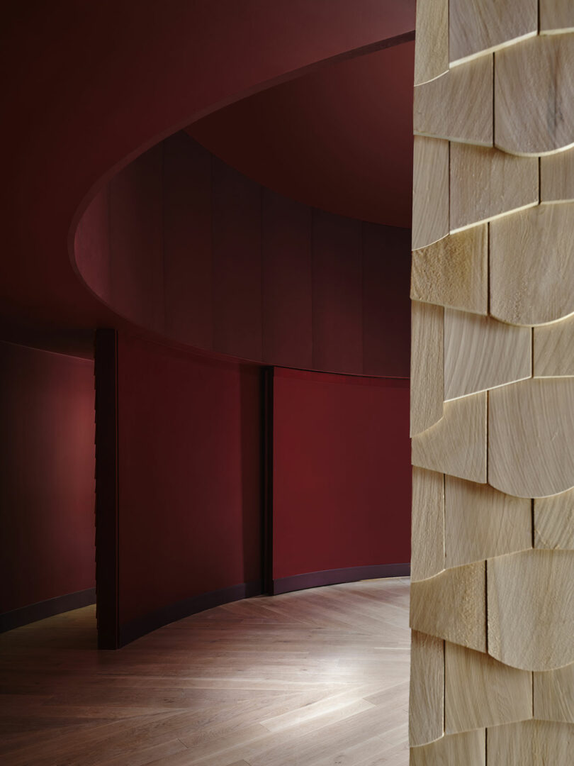 Curved interior space with dark red walls, light wood flooring, and a textured light wood partition on the right side.