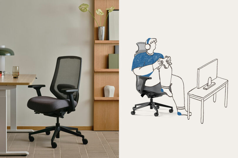 An ergonomic office chair next to a desk on the left and a drawing of a person gaming in a similar chair on the right.
