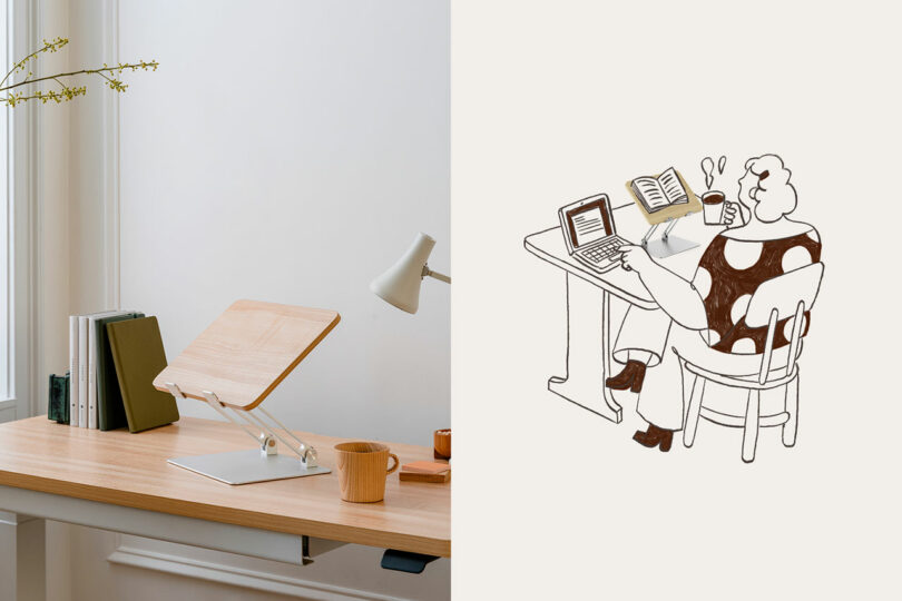 A wooden desk with a book stand, lamp, books, and a cup on the left; a line drawing of a person working at a desk with a laptop and books on the right.