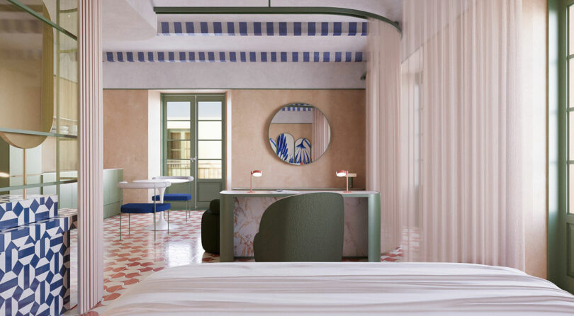 A modern bedroom with pastel walls, geometric tile floor, green accents, a marble desk, round mirror, and large windows letting in natural light.