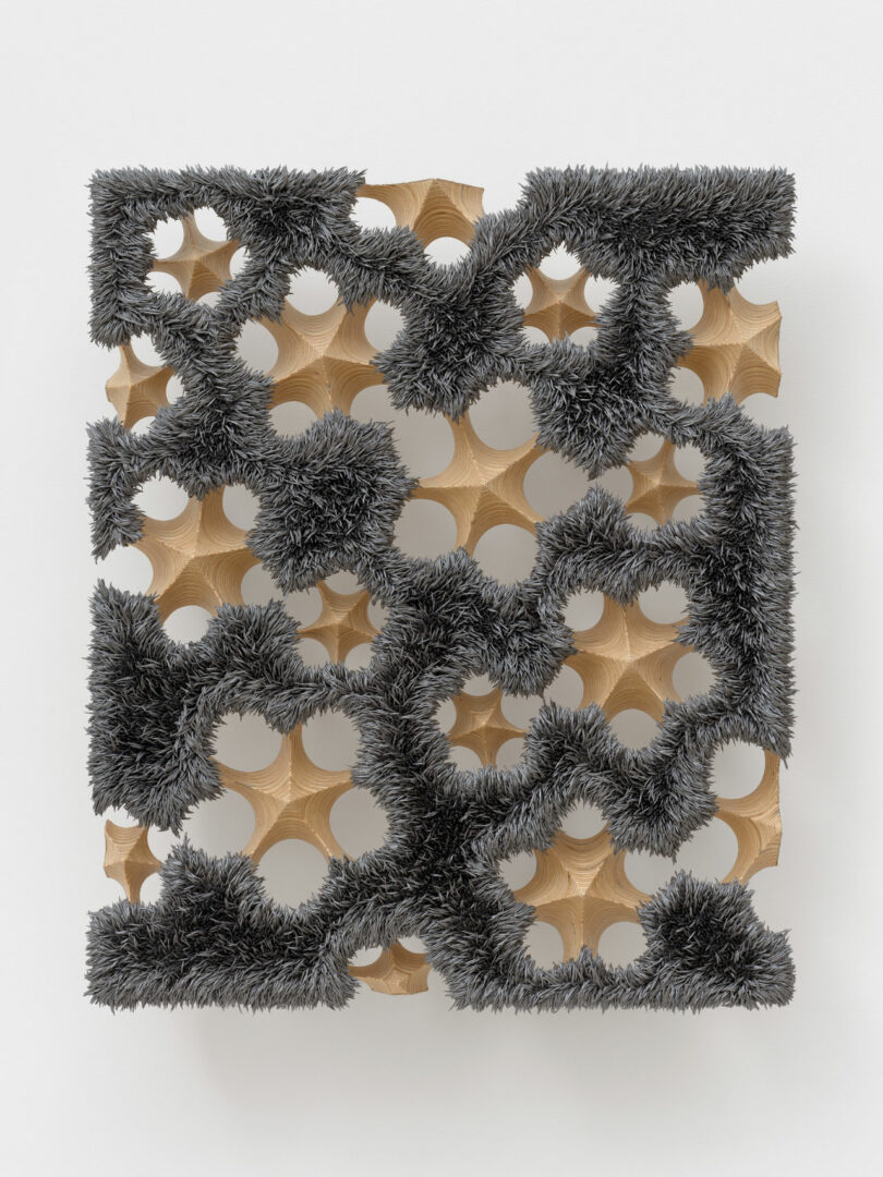 Gray metalic oil paint on carved plywood support with snowflake pattern