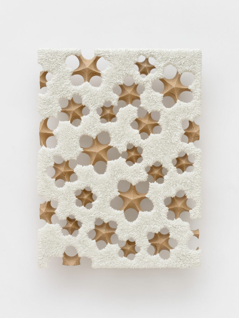 White oil paint on carved plywood support with snowflake pattern