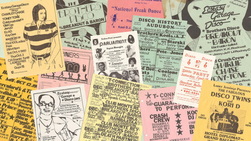 A collage of vintage disco event flyers and posters featuring DJs, clubs, and musical acts, with bold fonts, illustrations, and various pastel-colored backgrounds.