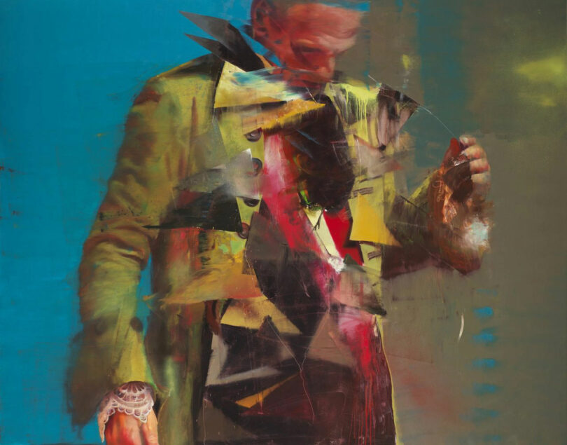 A fragmented, abstract painting of a man in a suit with distorted and overlapping geometric shapes, set against a blue and green background.