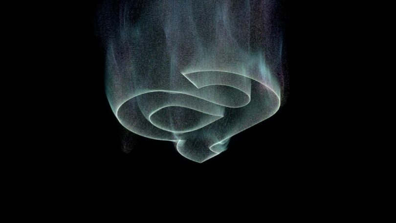 A 3D abstract shape resembling an ampersand is surrounded by wispy, smoke-like colors on a black background