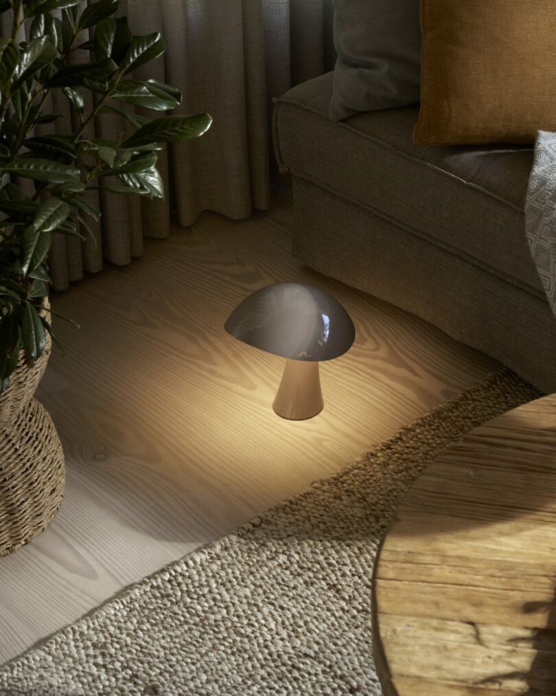 A mushroom-shaped lamp emits a warm light on a wooden floor next to a sofa, a woven basket with a plant, and a round wooden table