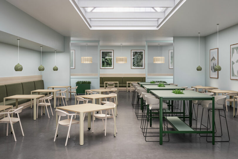 A modern, minimalist cafeteria with light wood tables and chairs, green benches, pendant lights, and framed botanical prints on pale blue walls under a large skylight.