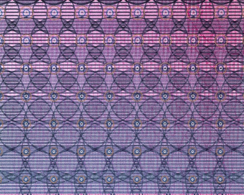 Geometric pattern of intersecting circles and lines in blue and pink tones, with small circular accents at intersections, forming a repetitive grid-like design