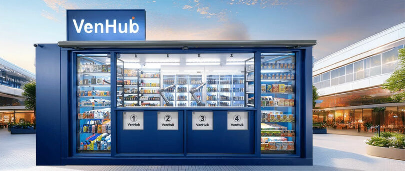 A blue VenHub automated storefront with glass walls displays various packaged foods and drinks; four pickup stations are visible at the front.