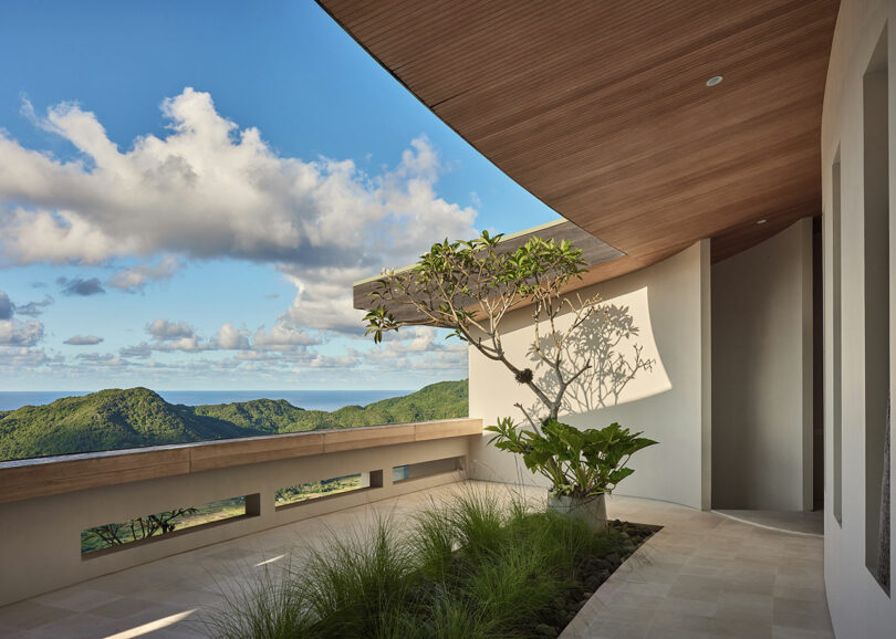 A modern terrace with a curved wood ceiling, potted plants, and mountain views under a partly cloudy sky.